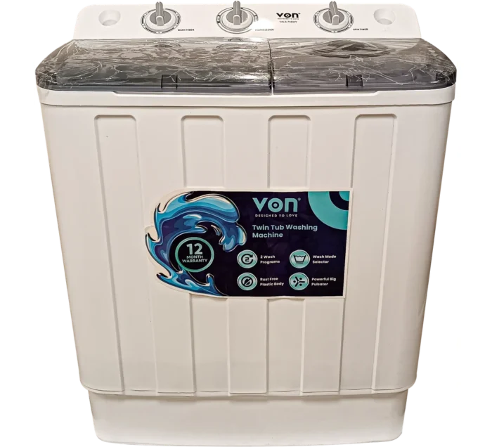 Von VWM-08AHK Twin Tub Washing Machine, White - 8KG